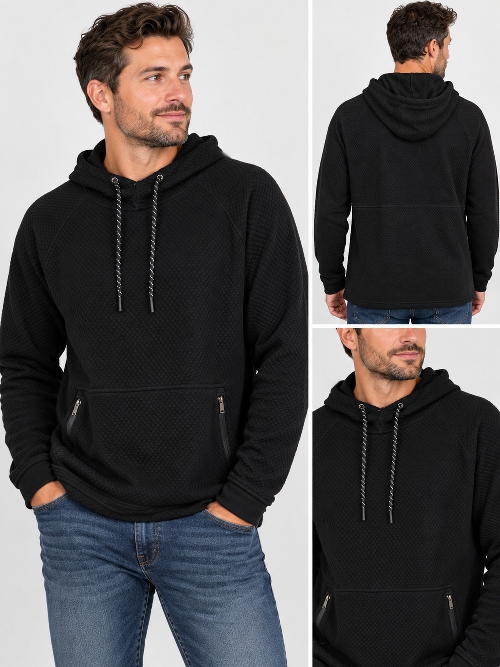 FLX Men’s Black Textured Pullover Hoodie Size Large Zip Pockets Athleisure